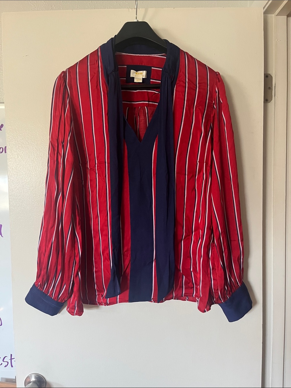 Anthropologie Red and Navy Striped V-Neck Blouse